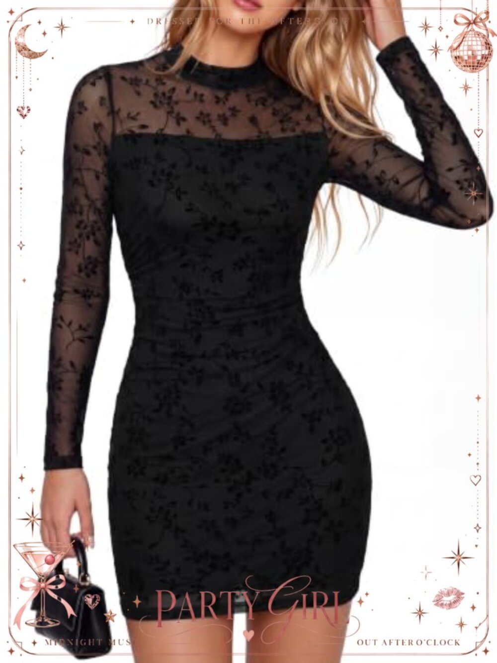 Long Sleeve Floral Mesh Ruched Waist Bodycon Mini Cocktail Dress